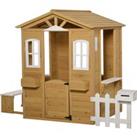 Outsunny Wooden Playhouse for Outdoor with Door Windows Mailbox Flower Pot Holder Serving Station Bench for Kids Children Toddlers Natural