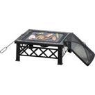Outsunny 3 in 1 Square Fire Pit Square Table Metal Brazier for Garden, Patio with BBQ Grill Shelf, Spark Screen Cover, Grate, Poker, 76 x 76 x 47cm