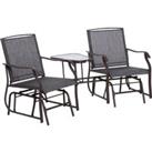 Outsunny Garden Double Glider Rocking Chairs Gliding Love Seat with Middle Table Conversation Set Patio Backyard Relax Outdoor Furniture Grey