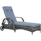 Outsunny Garden Rattan Furniture Single Sun Lounger Recliner Bed Reclining Chair Patio Outdoor Wicker Weave Adjustable Headrest - Grey