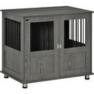 PawHut Dog Crate Furniture, Wooden End Table Furniture with Cushion & Lockable Magnetic Doors, Small Size Pet Kennel Indoor Animal Cage, Grey