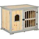 PawHut Wooden Dog Crate, End Table w/ Lockable Door and Window for Small and Medium Dog, Grey and Yellow, 95 x 65.5 x 70.5cm