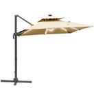 Outsunny 3m Cantilever Parasol LED Patio Umbrella for Lawn Beach Poolside Khaki