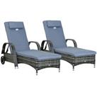 Outsunny 2PC Adjustable Wicker Rattan Sun Lounge Recliner Chair w/ Cushion Grey