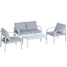 Outsunny 4 Pcs Garden Dining Chairs Sofa Glass Top Table Set w/ Cushions White
