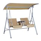 Outsunny 2 Person Covered Patio Swing with Pivot Table & Storage Console Beige
