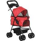 Pawhut Pet Stroller No-zip Foldable Travel Carriage With Brake Basket Canopy - Red
