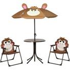 Outsunny Kids Foldable Four-piece Garden Set With Table Chairs Umbrella - Brown