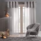 Sienna Crushed Velvet Voile PAIR of Net Eyelet Ring Top Curtains Blush Silver