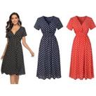 Womens V-Neck Polka Dot Dress 3 Colours & UK Sizes 8-16