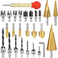 26Pcs Woodworking Step Drill Bit Three-point Countersunk Wood Plug Chamfering Drill Center Punch