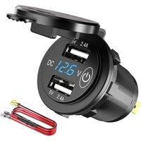 12V USB Outlet, Waterproof 12V/24V 24W 4.8A Dual USB Charger Socket Power Outlet Adapter with LED Voltmeter Switch