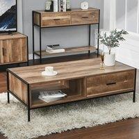 Metal Frame Wood Grain Coffee Table with Drawer and Shelf Storage Stand