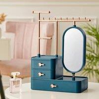 Jewelry Organizer Makeup Storage Box with Mirror Necklace Eearring Display, Green