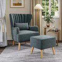 Suede Wingback Armchair with Footstool and Lumbar Pillow, Dark Grey