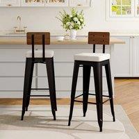 2Pcs Metal Breakfast Bar Stools with Cushions and Backrest,White