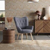 Elegant Grey Linen Tufted Back Armchair with Plush Cushioning and Natural Rubberwood Legs