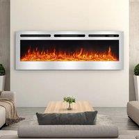 LED Electric Wall Mounted Fireplace Recessed Fire Heater 12 Flames With Remote, Silver 60inch