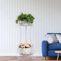 2 Tier Metal Iron Flower Plant Pot Display Stand, White / Black