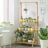 3 Tier Ladder Foldable Plant Stand with Hanging Bar, Wood/White