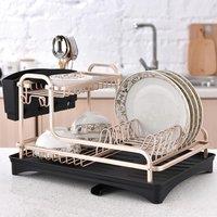 2 Tier Aluminum Dish Storage Rack with Cutlery Holder Drain Hole