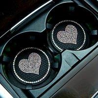 2pcs DIY Bling Crystal Diamond Rhinestone Car Coaster, Heart Pattern, Acrylic Non-Slip Cup Holder, Dashboard Decorations