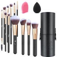 Professional Makeup Brush Set 12-Piece Kit with Soft Synthetic Bristles, Makeup Sponge, Brush Cleaner, and Storage Bucket