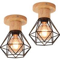 Set of 2 E27 Vintage Chandelier Ceiling Light, Wooden Metal Cage Design Ceiling Lamp, Retro Industrial Pendant Light for Living