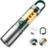 Super Bright LED Flashlight Rechargeable Torch Portable Work Light Outdoor Camping Light with Warm Side Lights and Portable Hook
