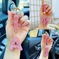 1pcs Stylish Letter Key Ring Accessory for Keys Bags Car Keychain with pink Rhinestone Gift for