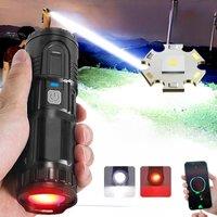 High Power LED Flashlight with COB Taillights Long Range Tactical Lantern Rechargeable USB Power