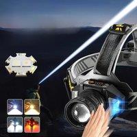 60000LM IR Sensor Powerful Headlamp Yellow Light Type-C Rechargeable Headlight 18650 Head Flashlight