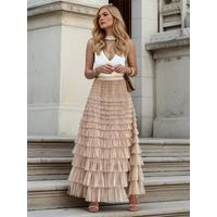 2025 Solid Multilayer Ruffle Mesh Skirt Women Boho High Waist Long Maxi Tulle Skirt Spring Summer