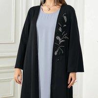 2025 New Saudi Arab Casual Loose Black Floral Beading Draped Open Kimono Abaya Jalabiyat Moroccan