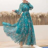 2025 Boho Floral Print Party Dress Women Vestidos Elegant Fashion Loose Chiffon Long Sleeve Muslim