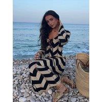 Striped Knitted Women Dresses Long Sleeve Lace Up Maxi Beach Dress for Woman Slim Knitting Hollow