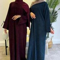 2025 Corduroy Bow Sleeve Abaya Women Muslim Dress Modest Clothes Ladies Robe Prayer Clothes