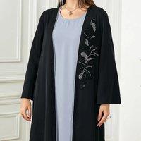 2025 New Saudi Arab Casual Loose Black Floral Beading Draped Open Kimono Abaya Jalabiyat Moroccan