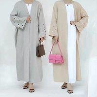 2025 EID Heart Pattern Embroidery Linen Open Abaya Dubai New Fashion Batwing Sleeve Kimono Islamic