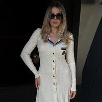 Contrast Knitted Dress Women Elegant Embroidery Lapel Long Sleeve Midi Dresses 2025 Autumn Winter