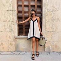 Summer New Elegant Vacation Style V-Neck Color Block Dress Knee-Length Sleeveless Women's Dress