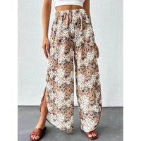 Vacation Style Long Pants with Small Flower Prints High-slit Wide-leg Pants Long-length Casual