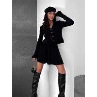 Vintage Black White Elegant V Neck Single Breasted Long Sleeved Knitted Dress for Women Slim Ruffles