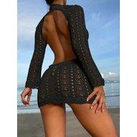 Vintage Crochet Flower Hollow Out Dress Cover-Ups Chic Women Sexy Knit Backless Tie-up Mini Dress