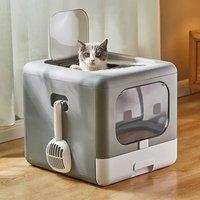 Cat Litter Box with Scoop and Tray Sifting Enclosed Foldable Kitten Toilet Detachable Poop Top Front
