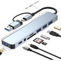 8 in 1 USB +Type C HUB Docking Station with 3.5mm Audio Jack Adapter Micro SD Card Reader Laptop Tablet Phone Disk Converter