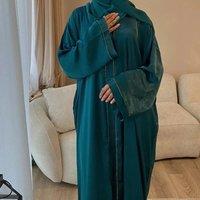 Long Loose Embroider White Open Kimono Abayas Kaftan Turkey Solid Color Islamic Green Abaya Dubai