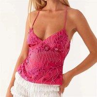 hirigin Sequin Halter Crop Tops for Women Y2k Pearl Embellished Cami Tops Summer Glitter V Neck
