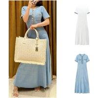 European and American style denim stitching knitted short-sleeved dress women's new high-end design