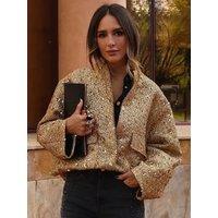 2025 Women's Sequined Bomber Jacket Fall New Round Neck Long Sleeve Pocket Stretch Hem Sequins